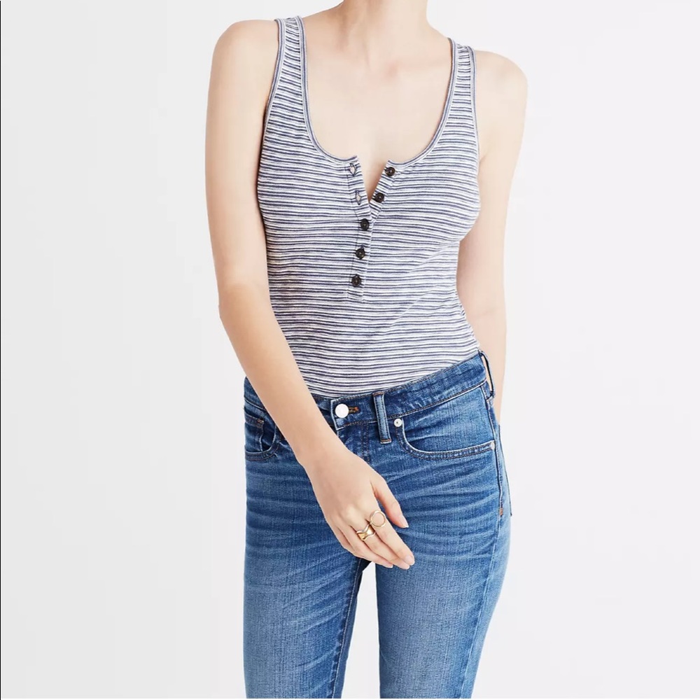 MADEWELL Indie Henley Button Bodysuit in Blue Stripe - Size XS